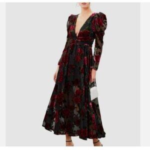 Rachel Parcell Burnout Velvet Maxi Dress V-Neck Gown Black Red Size 6 *READ FLAW